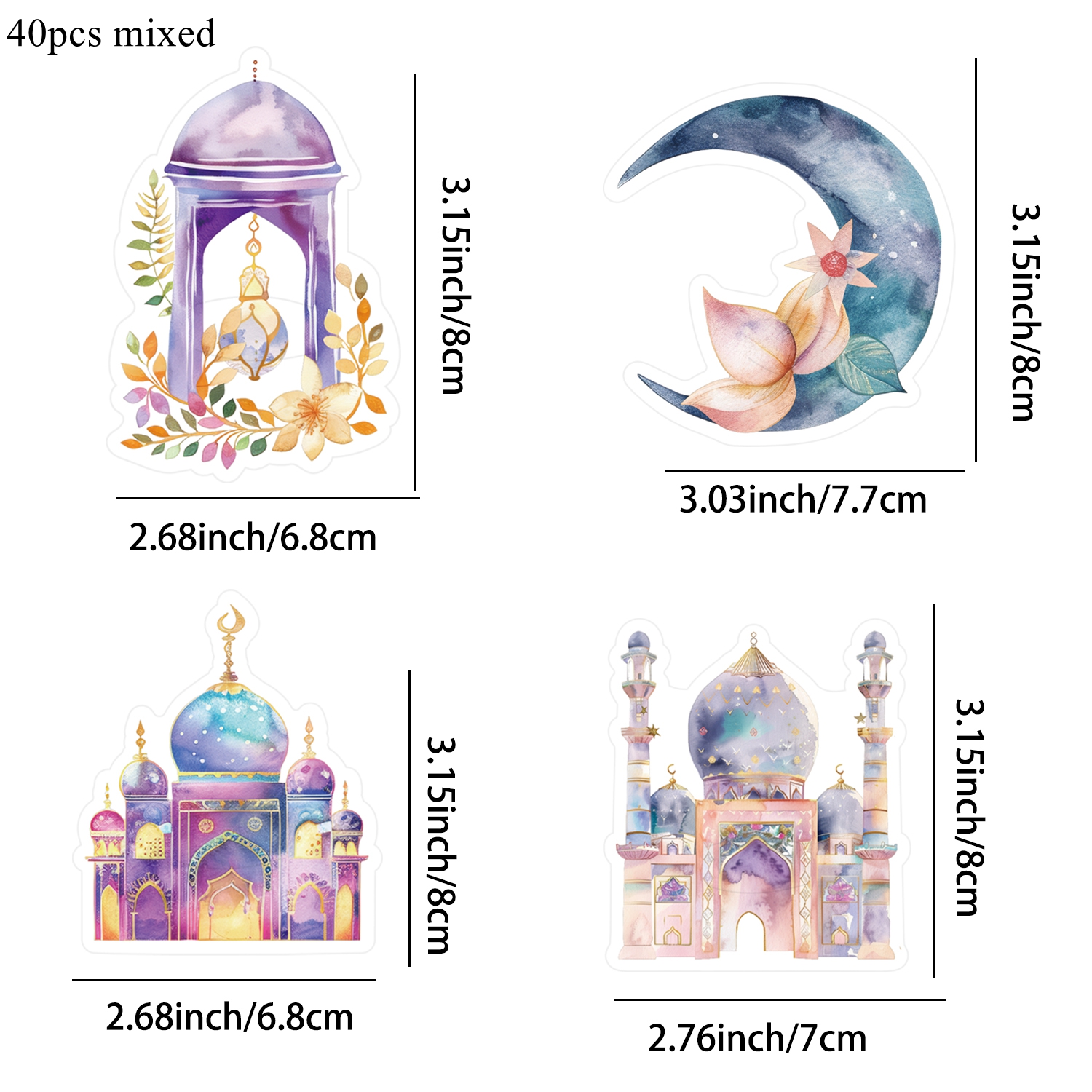 E-shop Geschenk für Sie/Ihn 40 Stück/Set Lollipop (mit Verpackung) Halter Aquarell Mond Tempel Tischkarten für Ramadan Kareem Geburtstagsfeier