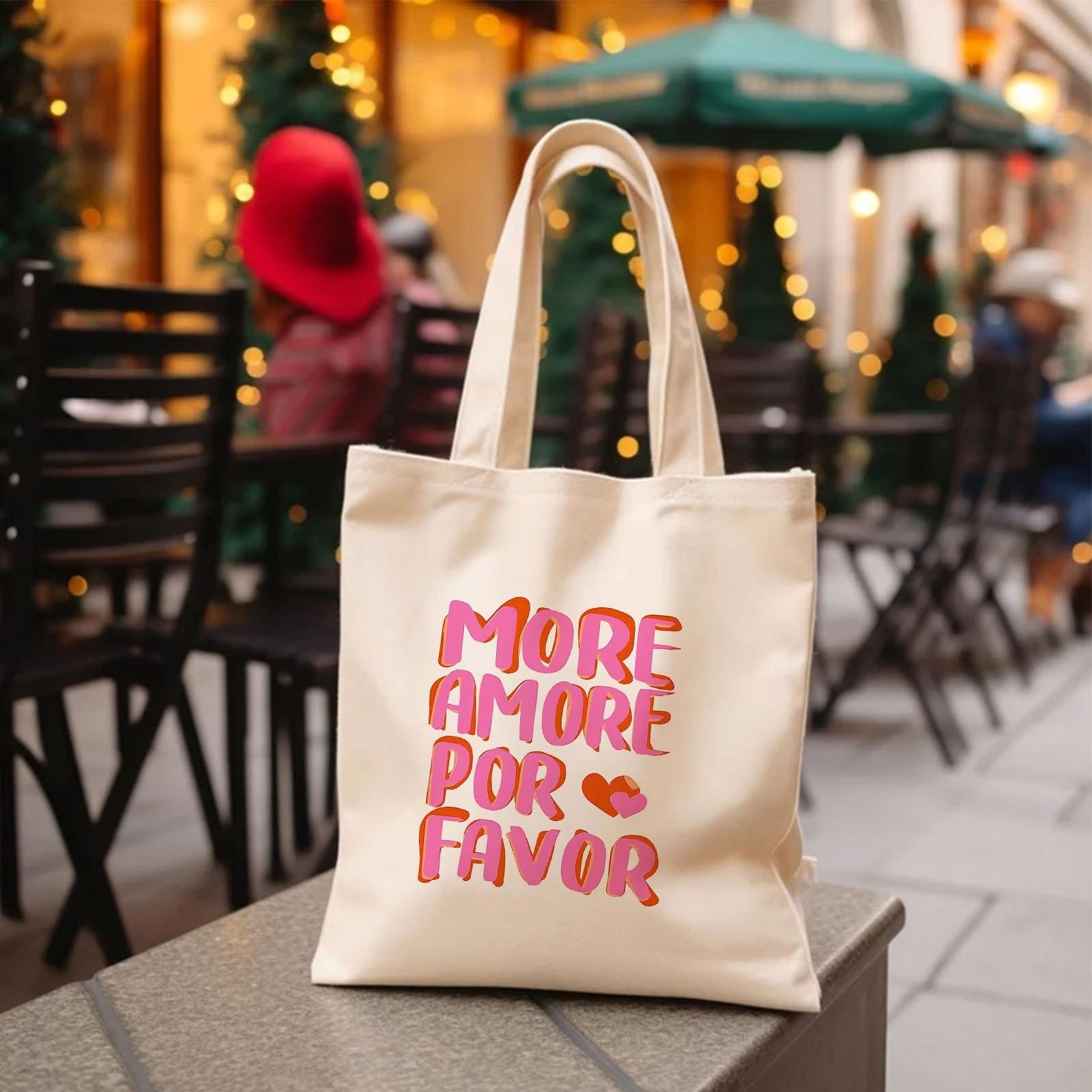 Image of 1pc Women's Tote Bag, Size *15.7in, Single - Sided Printed With "more Amore" & Hearts, Stylish & Spacious, Ideal For Daily Shopping, Casual Storage, Perfect Gift For , Hand - Drawn Design
