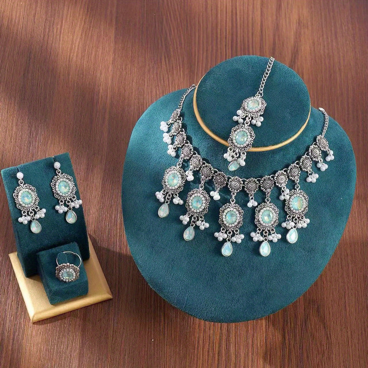 TEMU 5pcs New Luxury European And American Set Featuring A Teardrop Flower Necklace, Tassel Faux Pearl Earrings, Rings, And Hair Additions