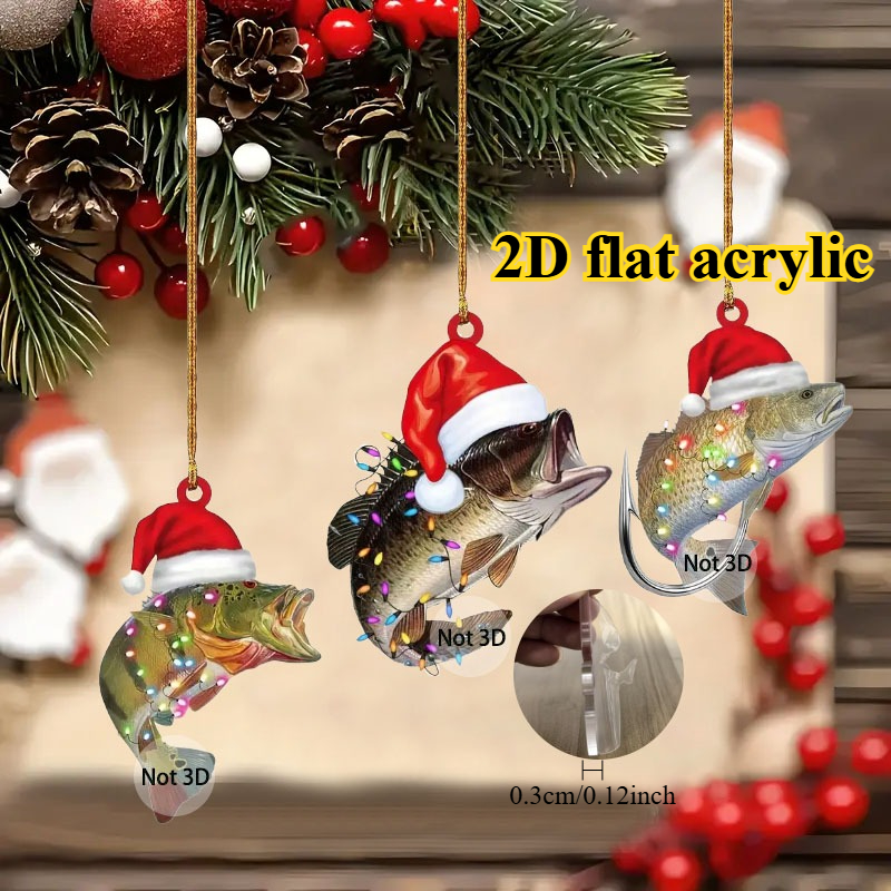 TEMU 2d Flat Acrylic Fishing Ornaments 3pcs Set - Shark And Green Decorations, With Red Santa Hat, Hook, And Sparkling Accents, No Power Required,