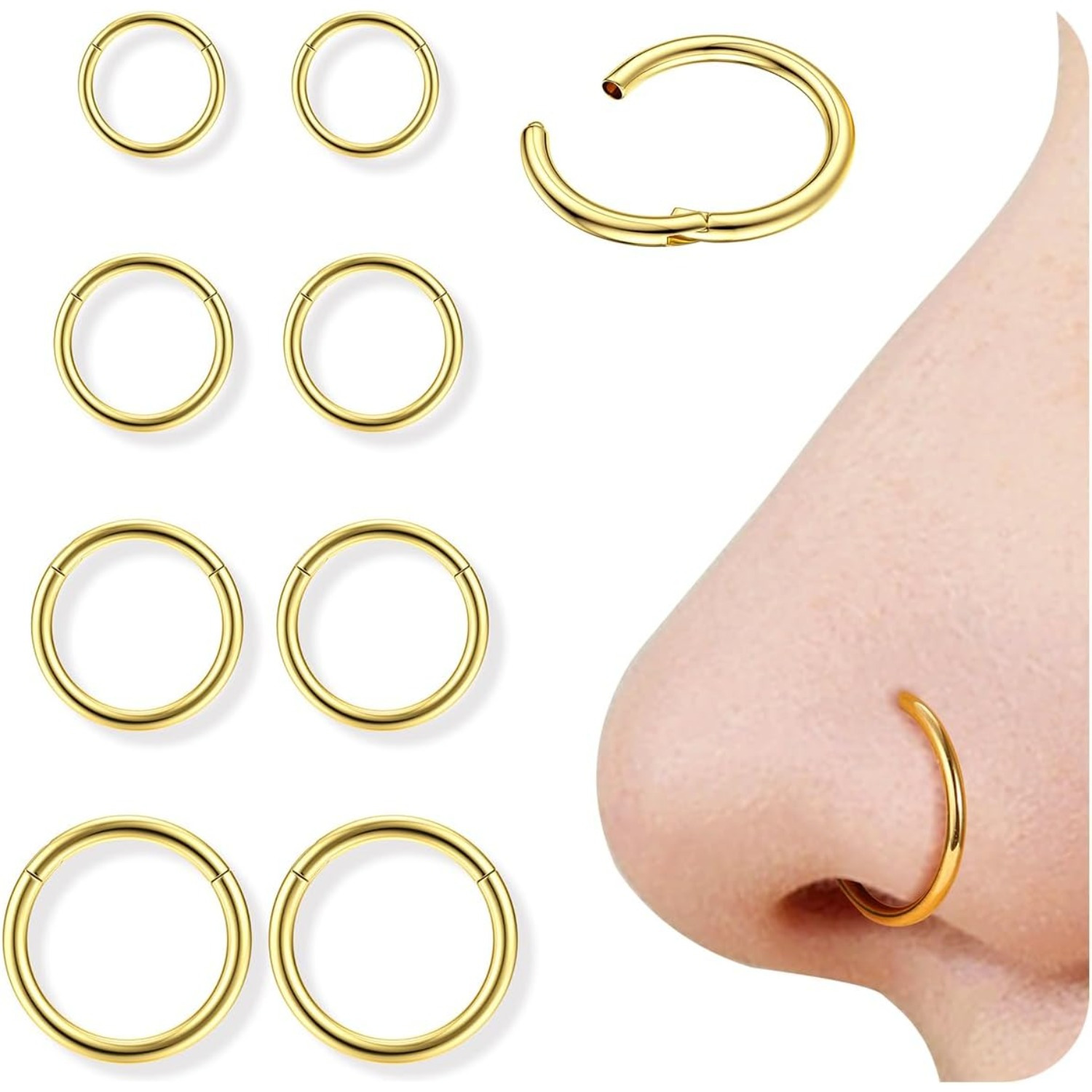 

8pcs 316l Stainless Steel Seamless Nose Rings Set, Classic Elegant Hinged Nose Piercing Jewelry, 6/8/10/12mm, Daily & Sports , All , Football Holiday Accessory