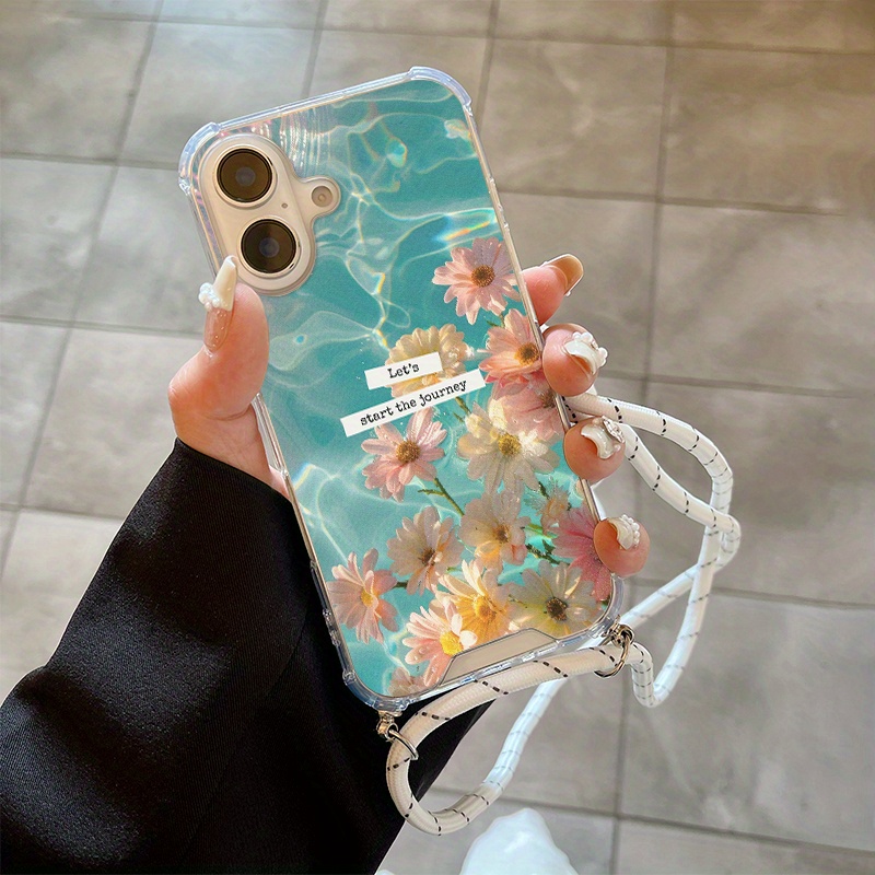 Ekskluzivna, kreativna, vse v enem, udarno telefonsko obločko z kristalno vzorcem cvetja in visečim vrvom, namenjena for iphone 16, združljiva z