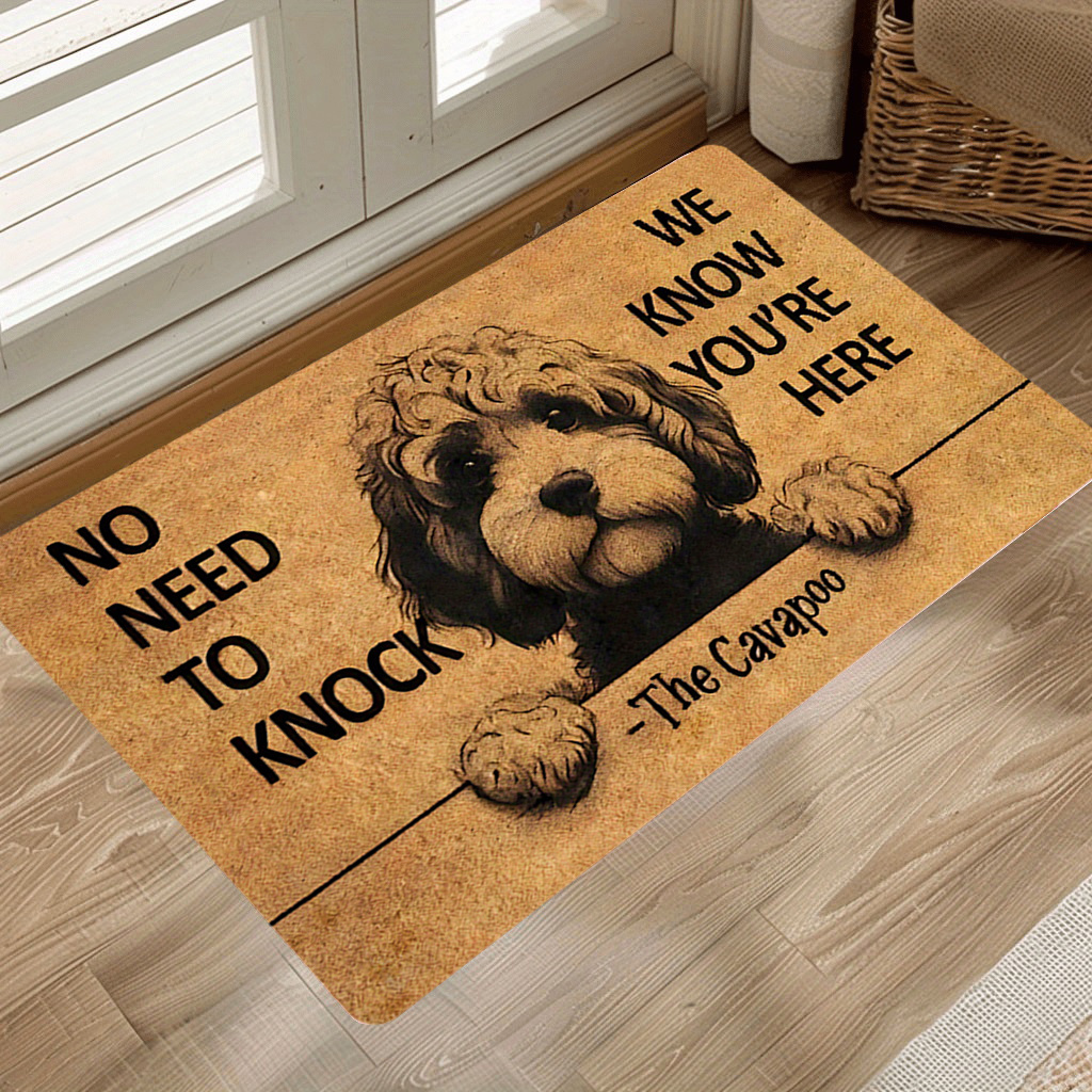 TEMU 1pc Cute Dog Welcome Mat - " To Knock, You're Here" Slogan, Non-slip Flannel Entry, Machine-washable Front For Australian Cavoodle Pet Lovers