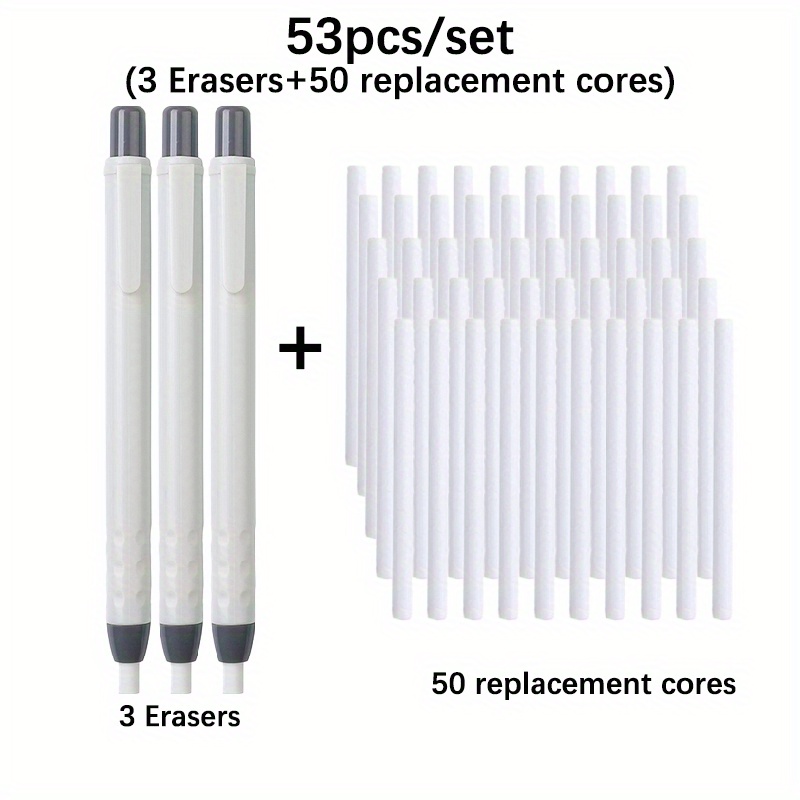 Pen Eraser Set, Replaceable Core, Convenient For Writing And Easy To Erase, Suitable For Sketching, Highlighting Office Supplies, Fine Writing Tools (3 Erasers And 50 Eraser Cores)