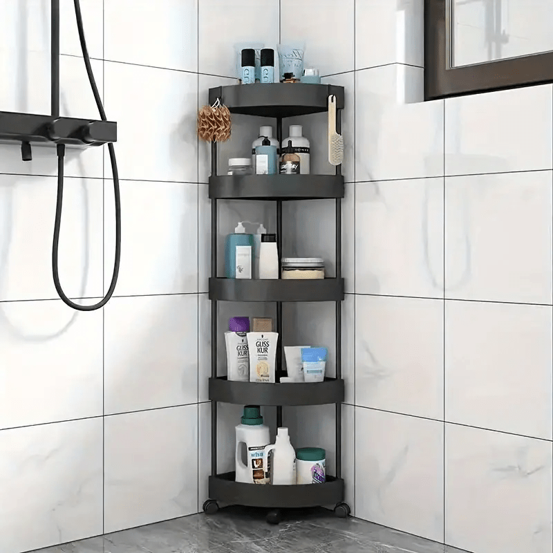 

Space-saving 5-tier Black Plastic Bathroom Shelf - Corner Cabinet Design With 10 Shelves, Ideal For Shampoo, Body Wash, Towels & Organization