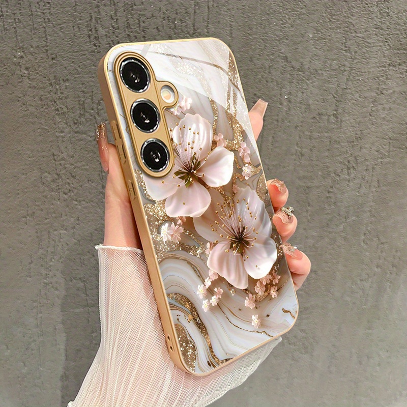 TEMU Phone Case - Golden Glitter Flower Pattern Glass Phone Case Suitable For Galaxy