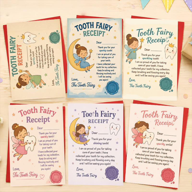 TEMU Tooth Fairy Receipt Greeting Cards (12pcs With Envelopes) - Cute Cartoon Tooth Fairy & Sparkly Tooth Design, Pastel Colors, Whimsical Style,