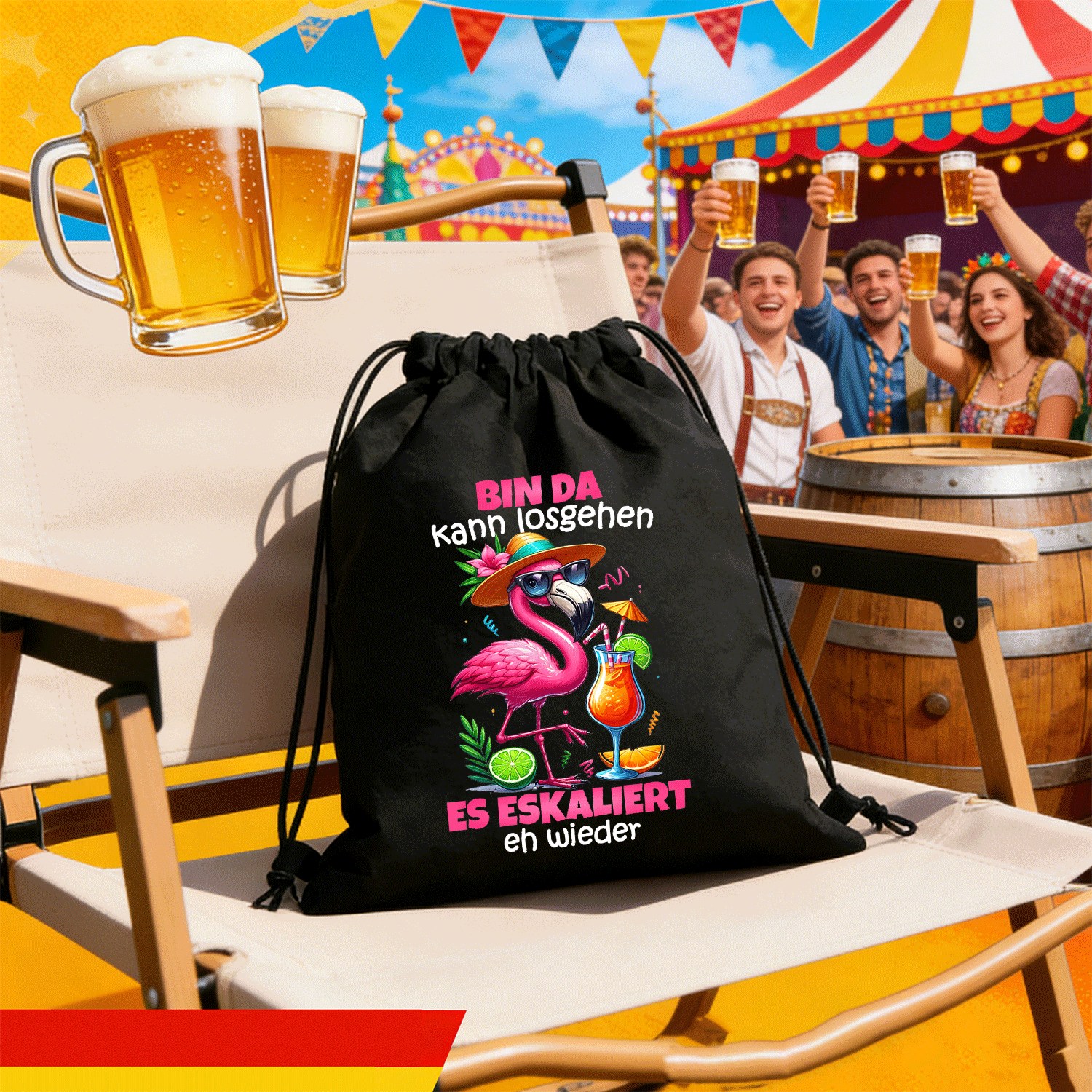Image of Bin Da Kann Losgehen Es Escaliert Eh Flamingo Malle Adjustable Drawstring Backpack