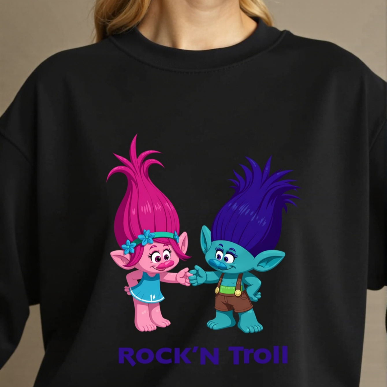 

Women's Cozy Cartoon Print Pullover Sweatshirt - "' Troll" Design, Gray Long Sleeve Crewneck, Soft Polyester Fabric, Casual Wear