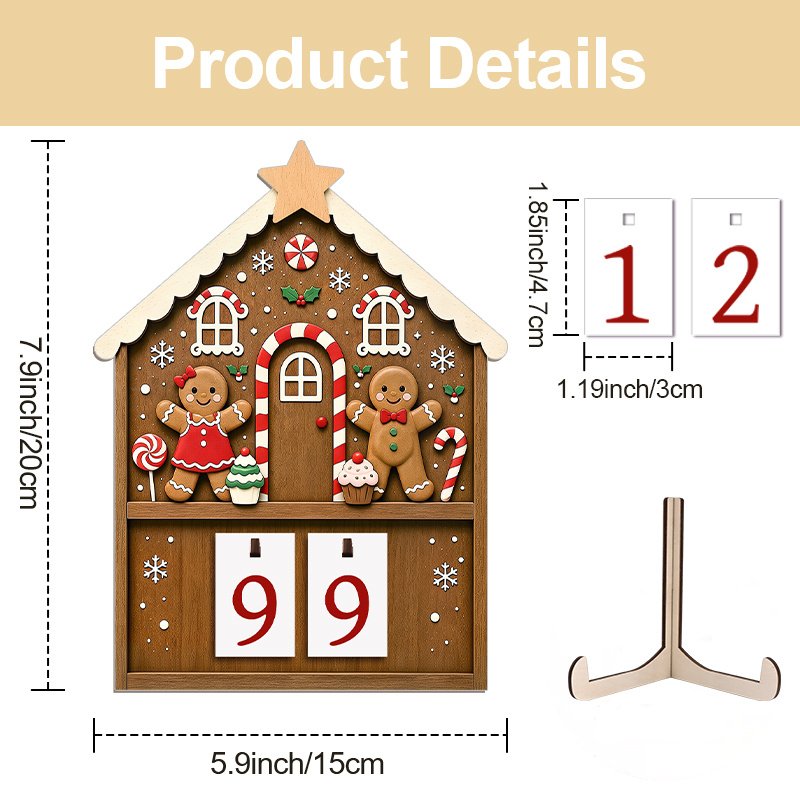 TEMU 1pc Gingerbread For Man Couple Style Wooden Countdown Calendar- 99-day Flip Calendar Featuring A Gingerbread For Man Design, Marked With