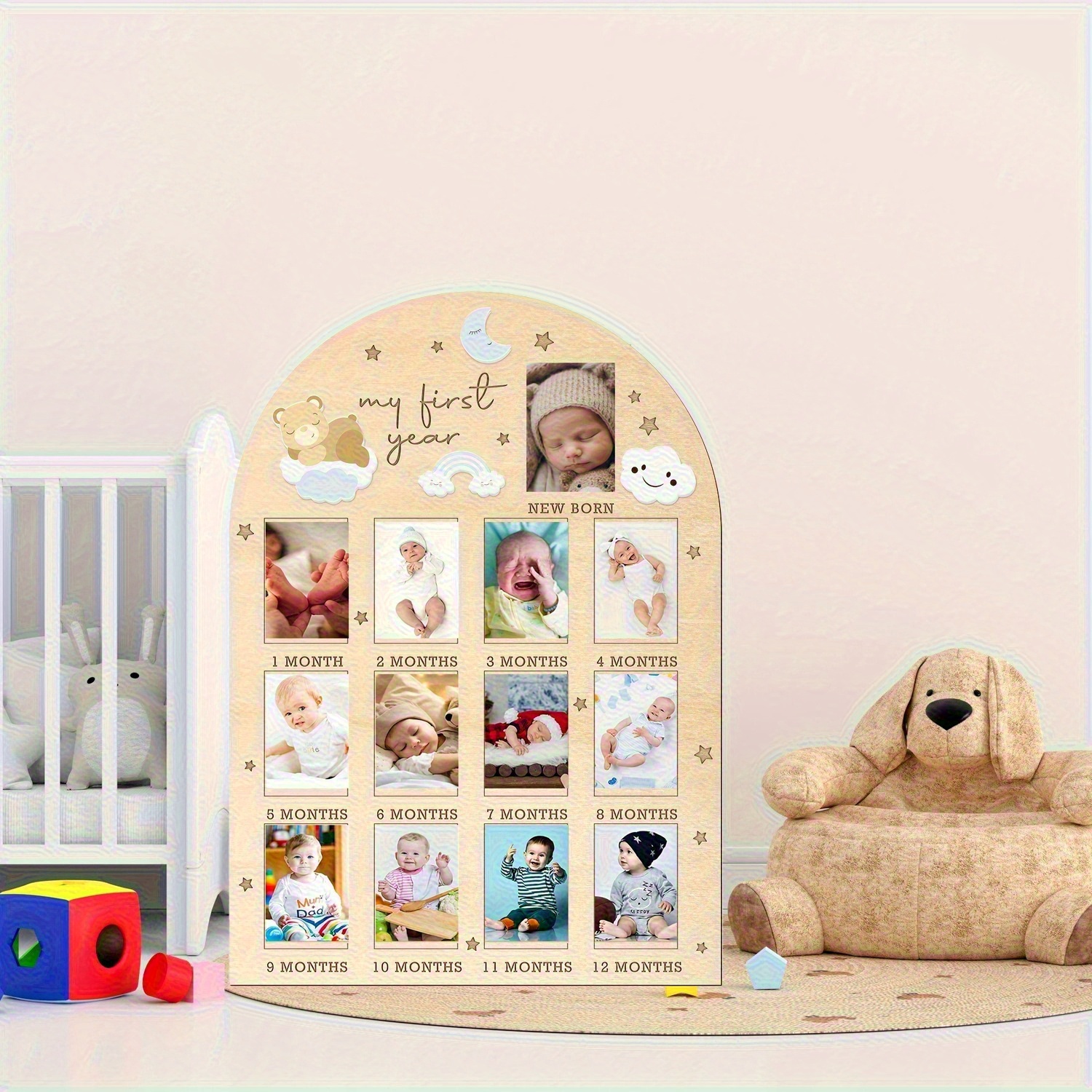 First Year Photo Board with Bear, Rainbow, and Cloud Design