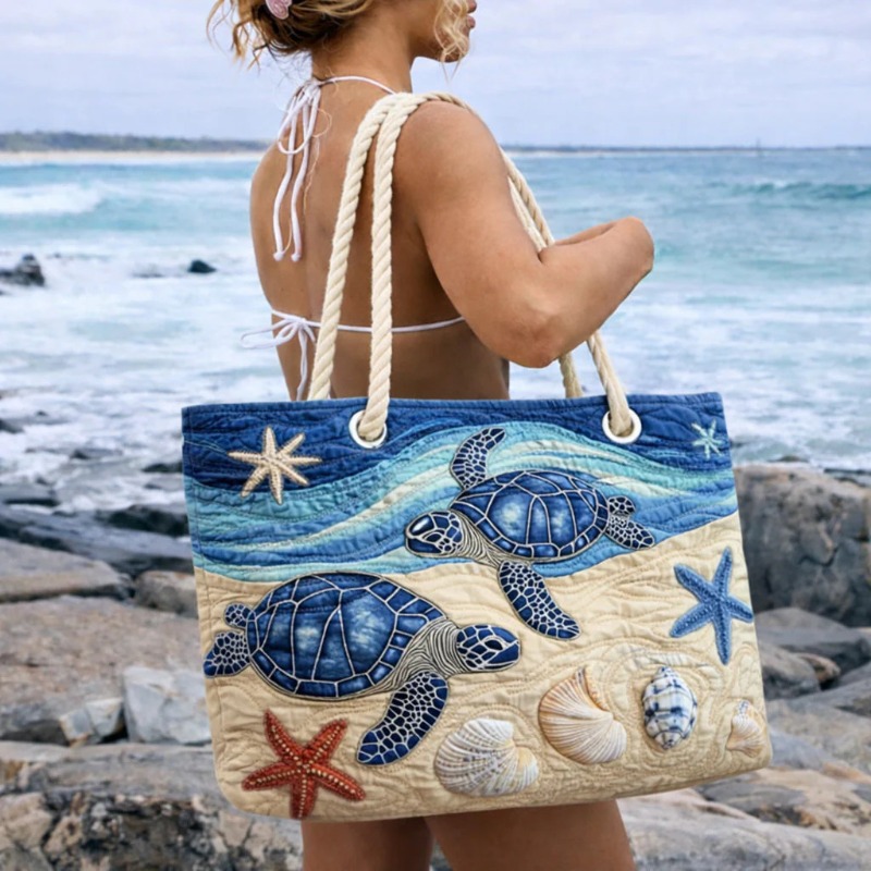 Image of Blue Ocean Sea Turtle Quilted Large Beach Bag With Ocean Wave, Starfish, And Shell Theme, One-shoulder Tote, Spacious And Reusable Shopping/travel Tote Bag, Unisex For Vacation/seaside/daily Use