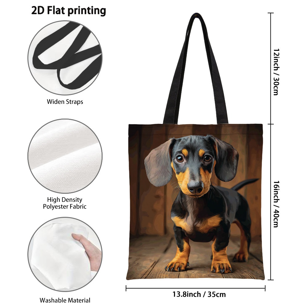 TEMU 1pc Colorful Cute Dachshund Puppy Art Tote Bag - Double-sided Print Reusable Grocery Bags, Durable Polyester Shoulder Bag For Beach, Grocery &