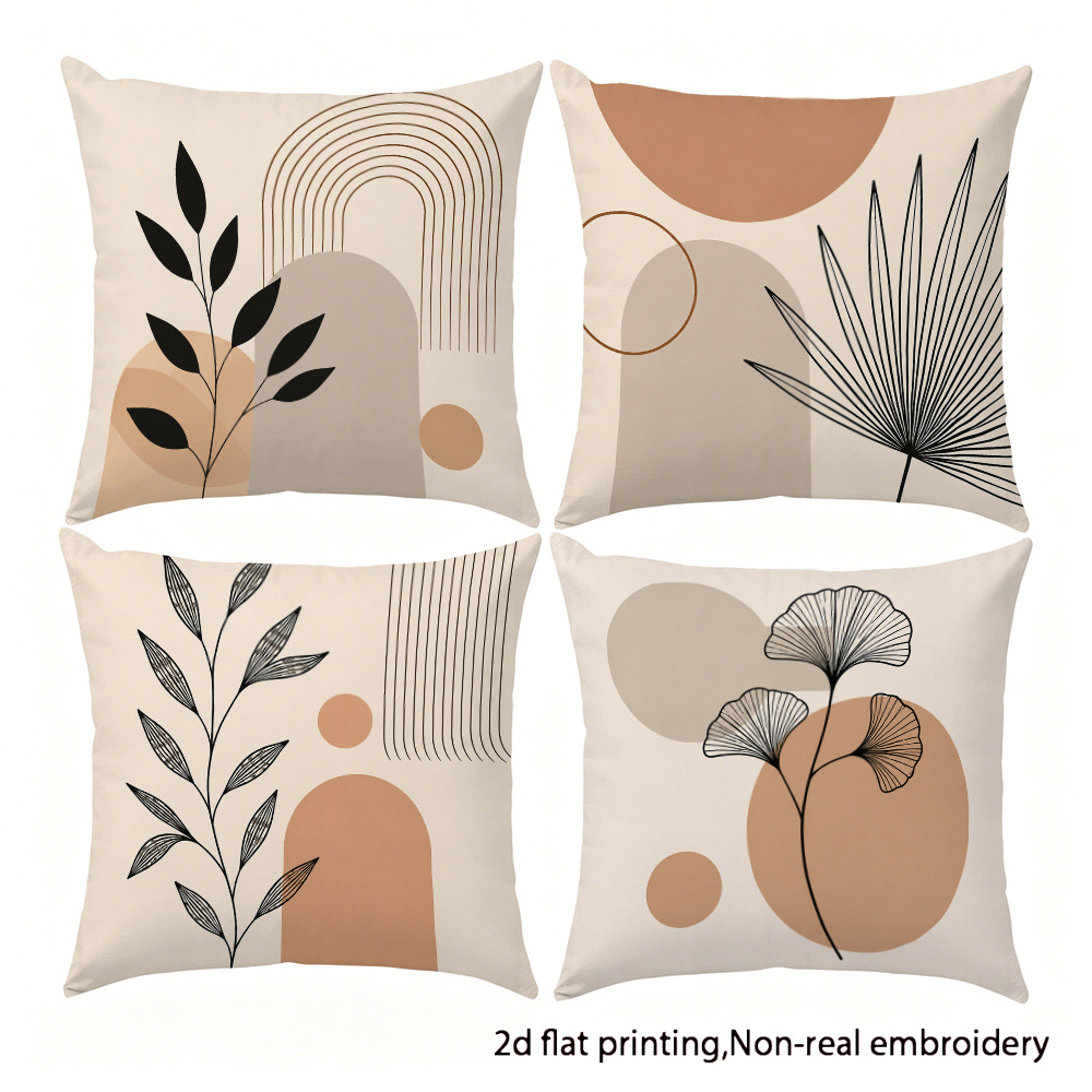 TEMU 4pcs Bohemian Abstract Geometric Line Decorative Pillowcases, Nordic Minimalist Ginkgo Palm Leaf Print Living Room Sofa Cushion Covers,
