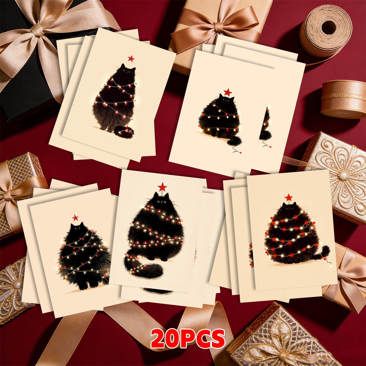 TEMU 20 Christmas Postcards, Holiday Postcards, Christmas Greeting Cards, Black Cat, Christmas Tree, String Lights, , Blank Back For Writing -