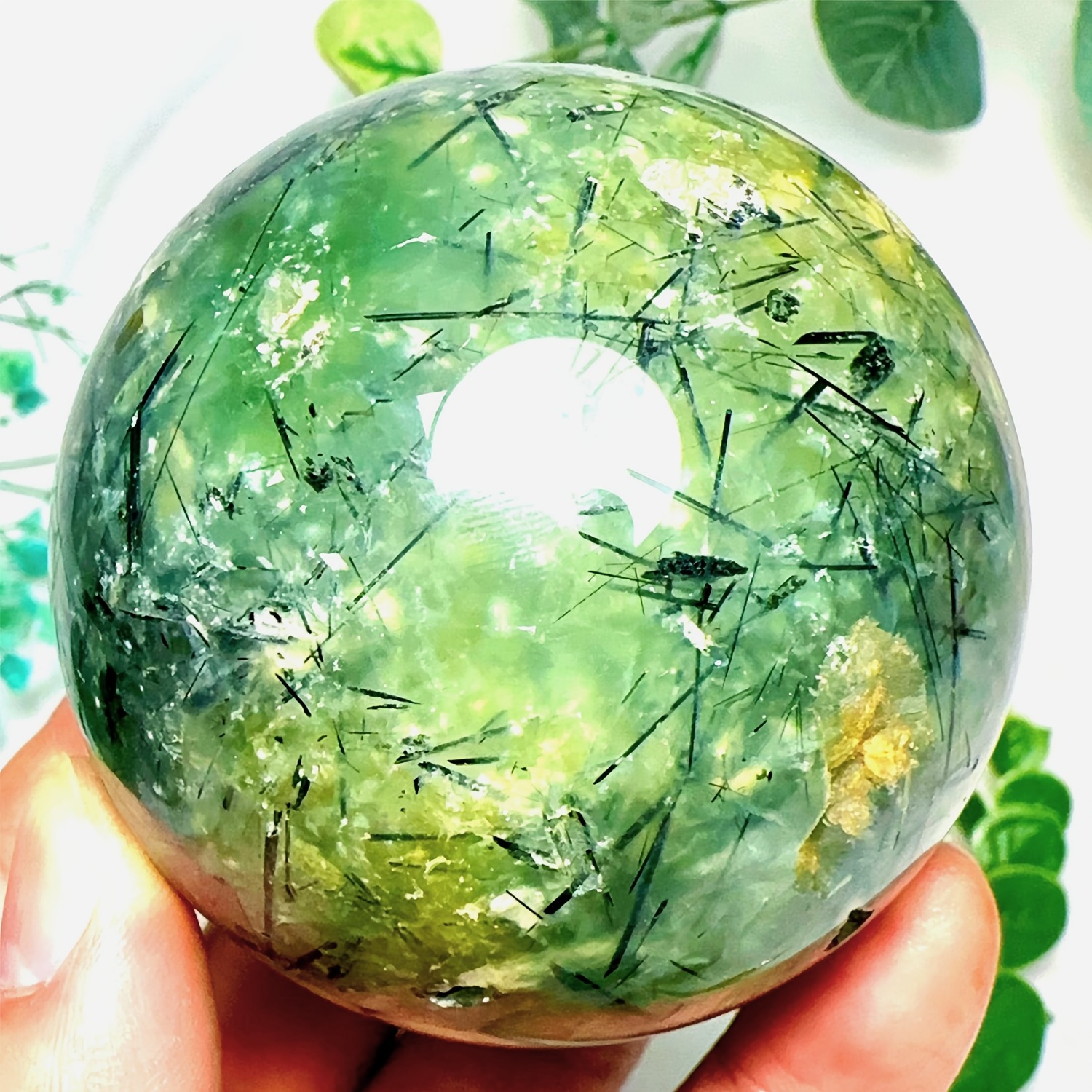 Image of 1pc Natural Bohemian Green Prehnite With Black Rutile & /quartz Point - Loose Gemstone Specimen Suitable For Home Decor, Meditation Crystal Gift For Easter, Valentine' Day, Mother' Day, Thanksgiving