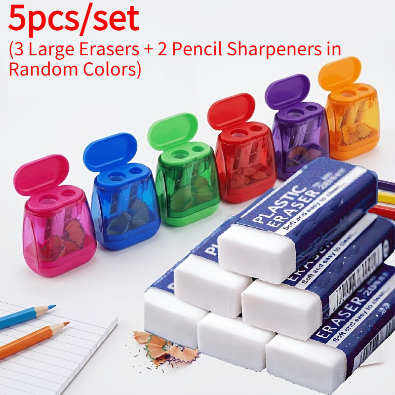 TEMU 5pcs Set (3 Large Erasers + 2 Double-hole Pencil Sharpeners In Random Colors), 2b Exam-specific Pencils, Manual Pencil Sharpeners, Smooth