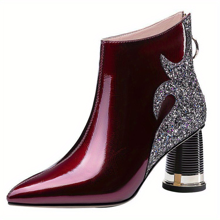 Women's Plus-Size Chunky Mid-heel Ankles Boots - Pointed Toe Zipper Closure Party Boots in Burgundy/Red, Synthetic Cover Outfits Shoes for Formal Events, Everyday & Special Occasions - Hand Washable, Formal Footwear, Rhinestone Embellishments, Textured Finish