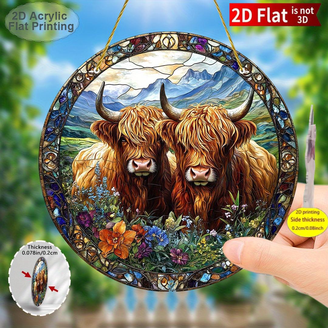 TEMU 2d Flat, 1pc High- Highland Cow Colorful Sun Catcher - Rustic Wall Art, Cow And Wildflowers, Durable Acrylic, Ideal For Living Room Or Bedroom,
