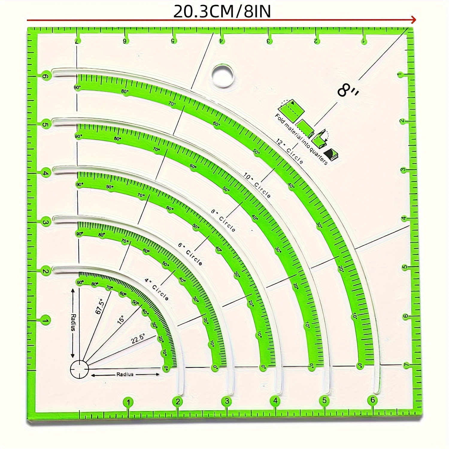 E-shop 8x8 Zoll Transparente Acryl-Quiltlineal mit Zweifarbigen Markierungen (Grün/Transparent) – Multifunktionale Gebogene Schneidvorlage für Präzises