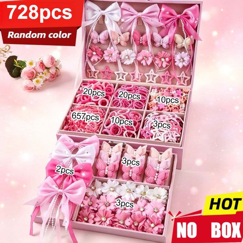 TEMU 728pcs Random Color Pink Hair Accessory Set – And Bow Hair Ties, Ponytail Holders, Cute Claw Clips, And Fashion Hairpins, Soft Non-slip Elastic