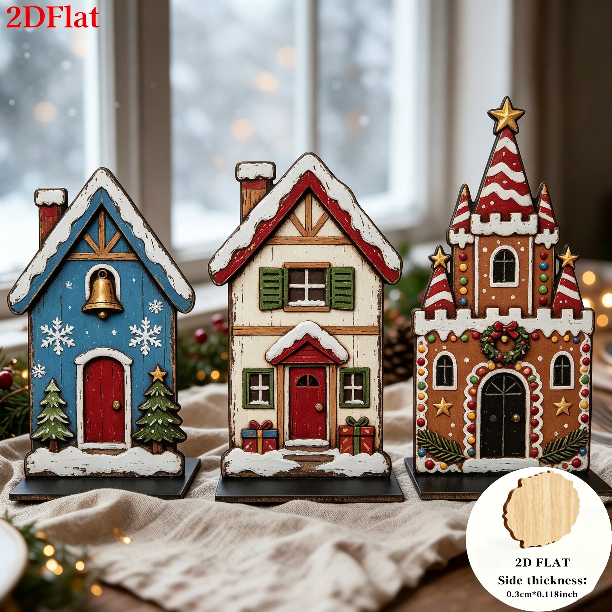 TEMU 2d Flat, 3pcs Retro Country Distressed Christmas House Castle Decor, Bell Cottage Off-white Red Door House Gingerbread Castle, Room Entrance