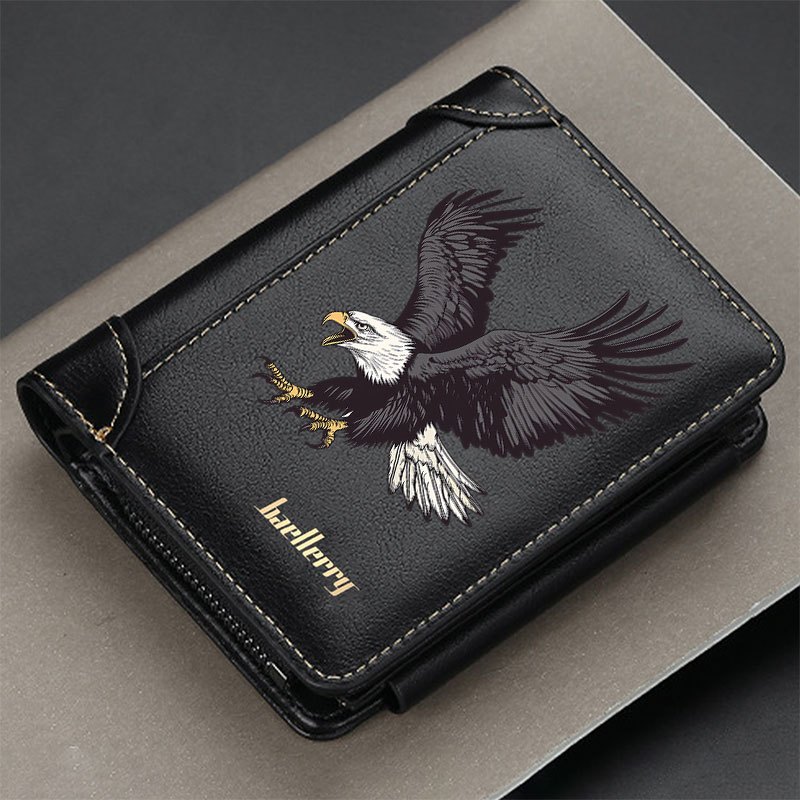 Image of 1pc Men's Vintage Eagle Print Bifold Business Wallet, Faux Leather Short Coin Purse With Card Slots And Zipper Pocket, Casual Money Clip For Daily Use