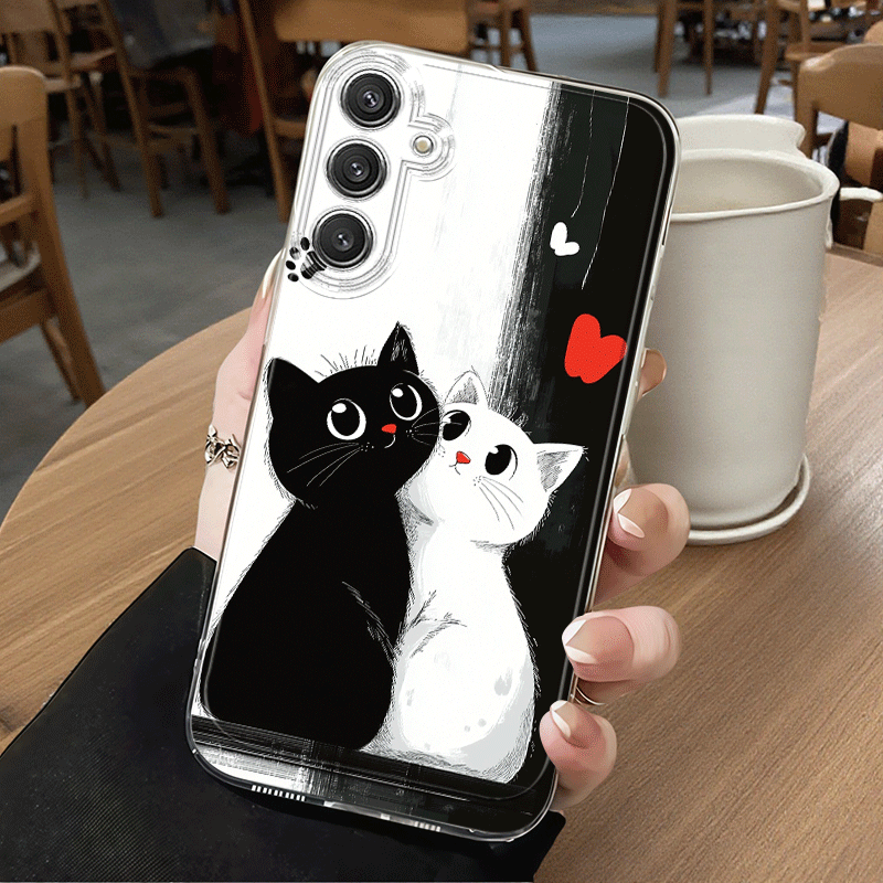 TEMU Phone Case - Cute Black And White Cat Love Interactive Picture Phone Case Suitable For Galaxy A02 A03s A04 A05s A06 A13 A14 A15 A16 5g A21s A22