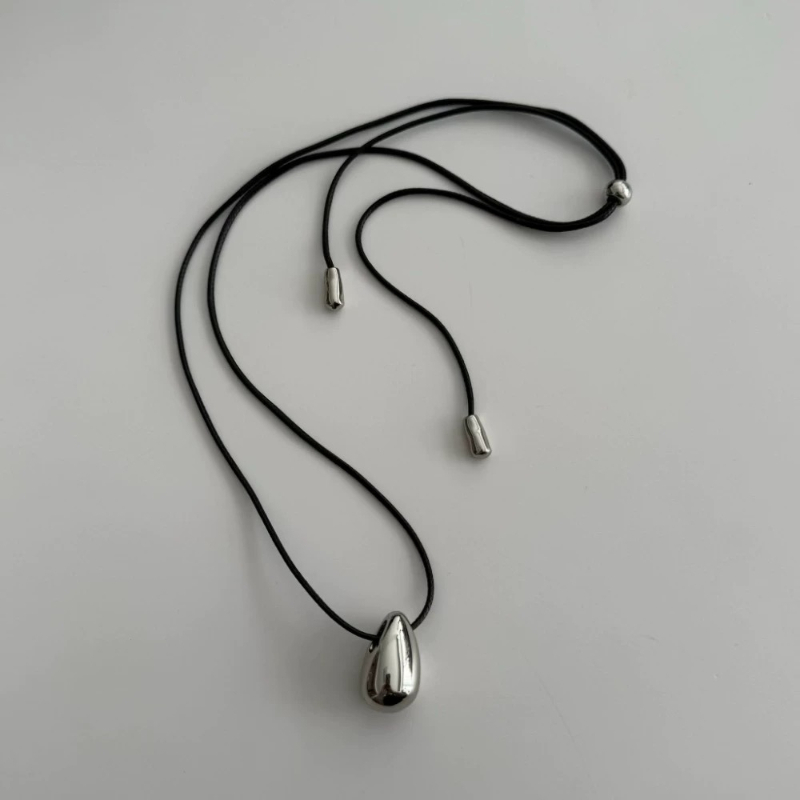 TEMU Self-made Minimalist Metal Pendant With , Droplet Shape, Black String, Long Necklace For Autumn And Winter Sweaters, Women's Clothing, Versatile