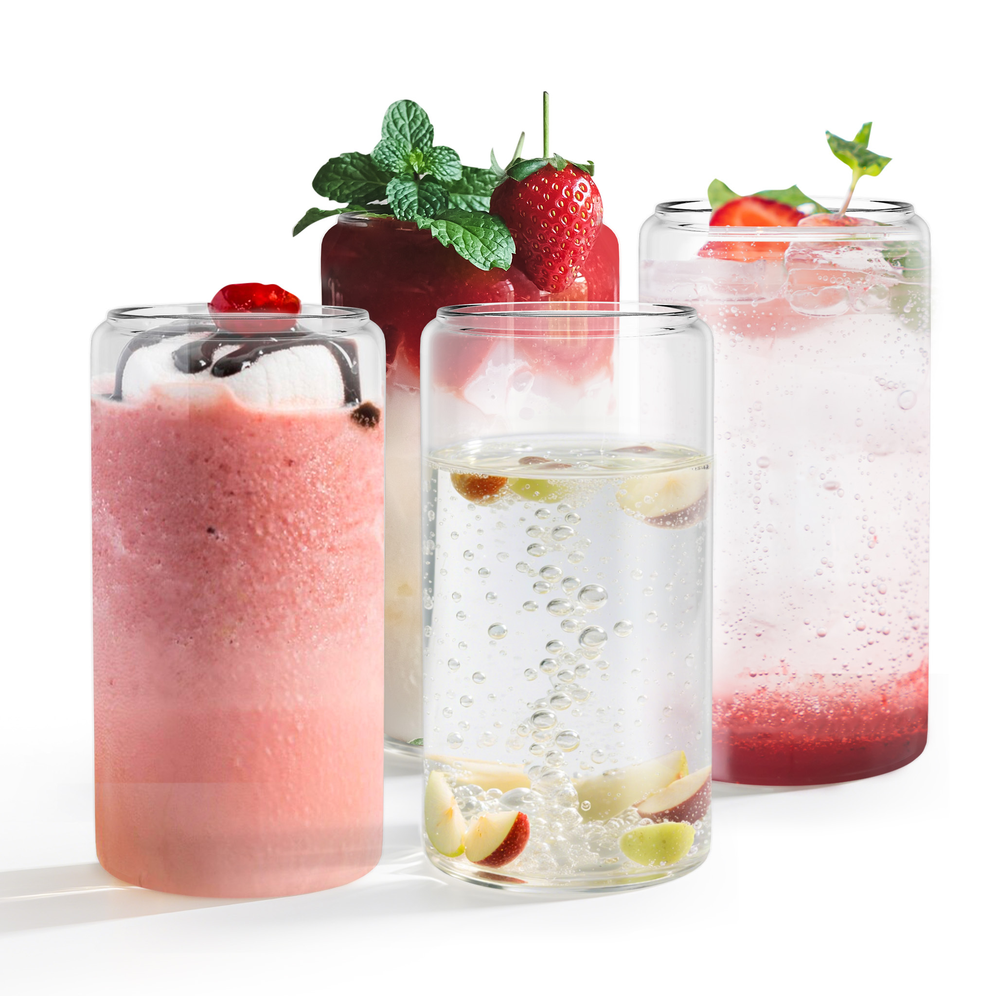 E-shop Set aus 4 Trinkgläsern mit Deckeln Strohhalmen (550 ml), geeignet für Eiskaffee, Glasbecher mit Deckeln Strohhalmen, ideal als Geschenk