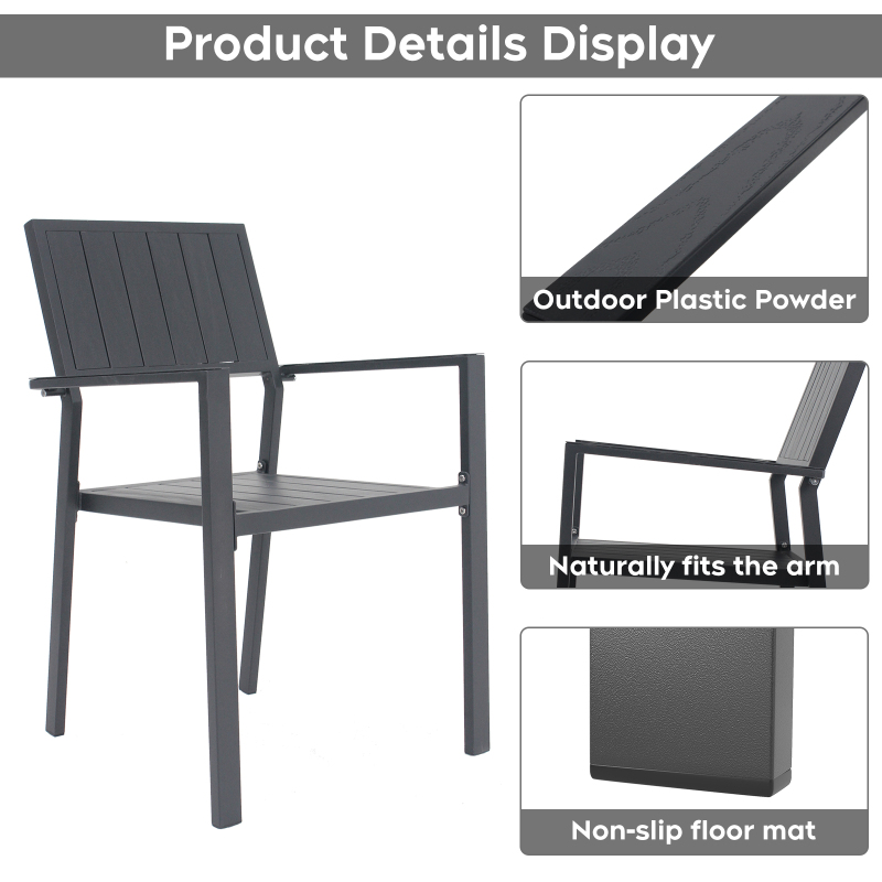 5pcs Outdoor Patio Dining Set, 47' Round Wood-Grain Slat Table W/ Umbrella Hole And 4 Stacking Metal Chairs 350 Lbs Capacity, Rustproof, Breathable Design, 30-Min Assembly, Patio, Garden, Balcony