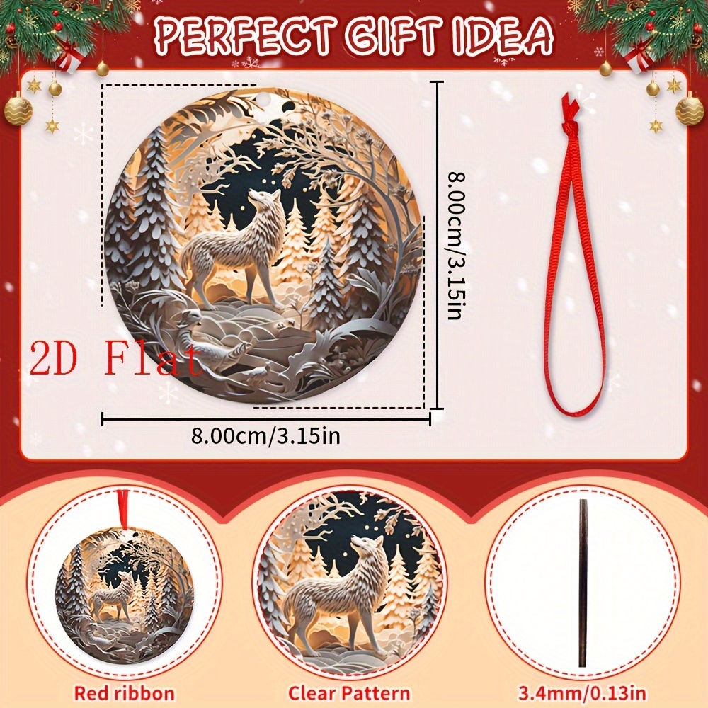 TEMU 2D Flachbedruckte Rustikale Wolf Bauernhaus Weihnachtsdekoration - Rundes Ornament aus Holz, Geeignet für Feiertagswohnung und Partydekoration,