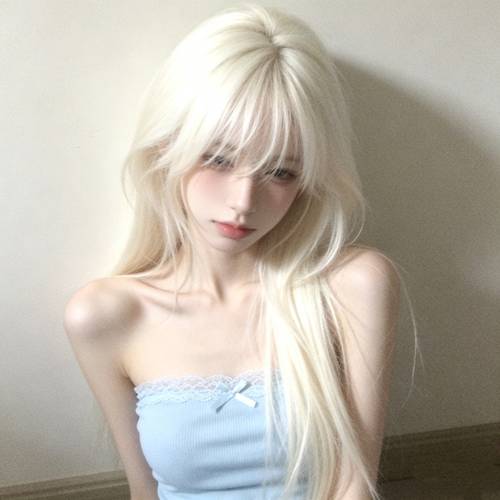 moonlight white cold wig female long straight hair air bangs sweet group natural wig cover