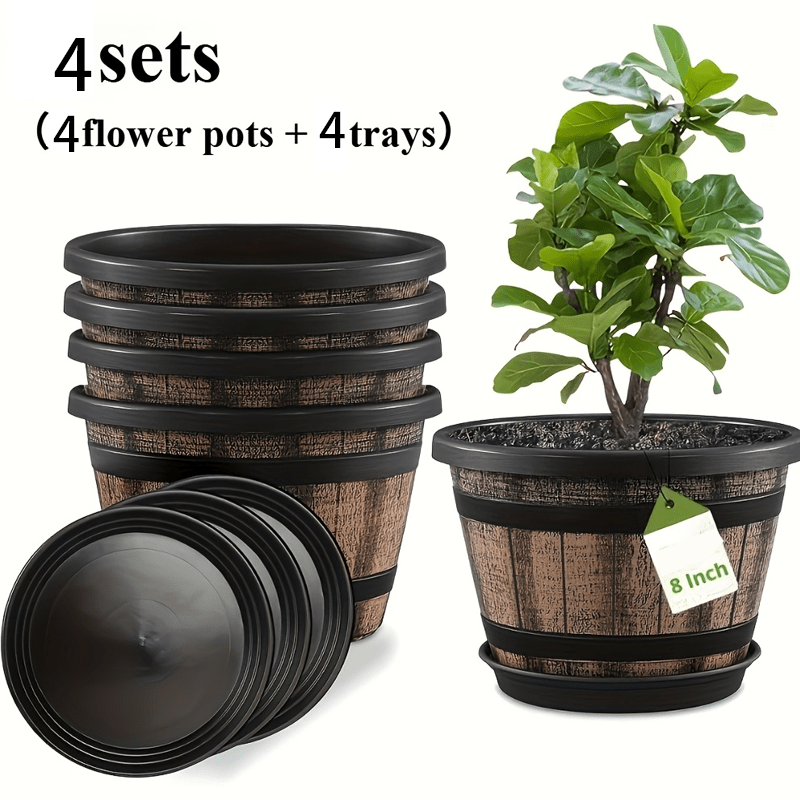 TEMU Set Includes (4pcs And 4pcs Plates), 8-inch Plant Pot Set, Large Retro Whiskey Planter - Heavy Resin Indoor/outdoor Pot With Tray For Garden,