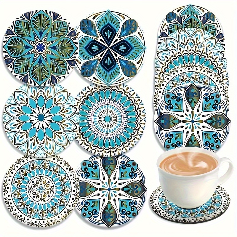 TEMU 6pcs Detailed Floral And Geometric Pattern Wooden Coasters, 3.94 X 3.94 Inches, Ideal For , Suitable For Kitchen, Living Room, Or Outdoor Use,
