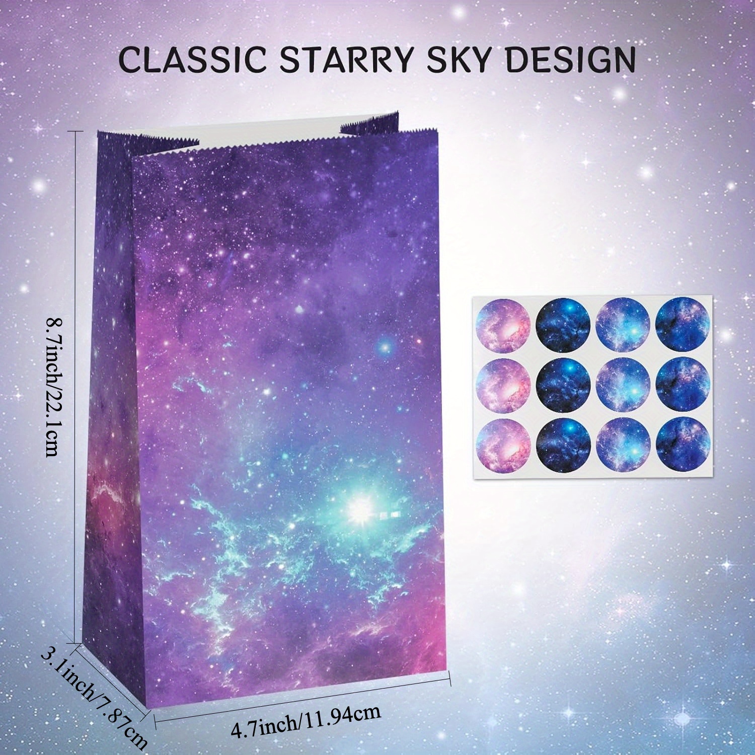 E-shop 12 Stück Weltraum-Partybeutel mit Aufklebern - Lebhaftes Kosmisch Design, Strapazierfähige Papiergeschenktüten für Süßigkeiten, Partygeschenke