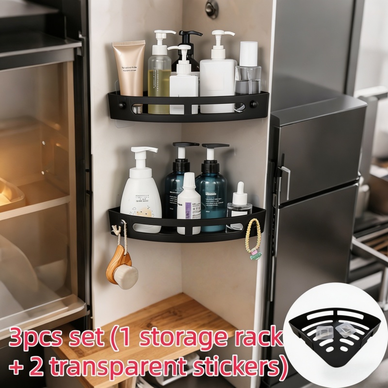 TEMU 3pcs Set (1 Storage Rack + 2 Transparent Stickers) Corner Shower Shelf, Wall-mounted Bathroom Organizer, No Drilling Required, Shampoo Holder,