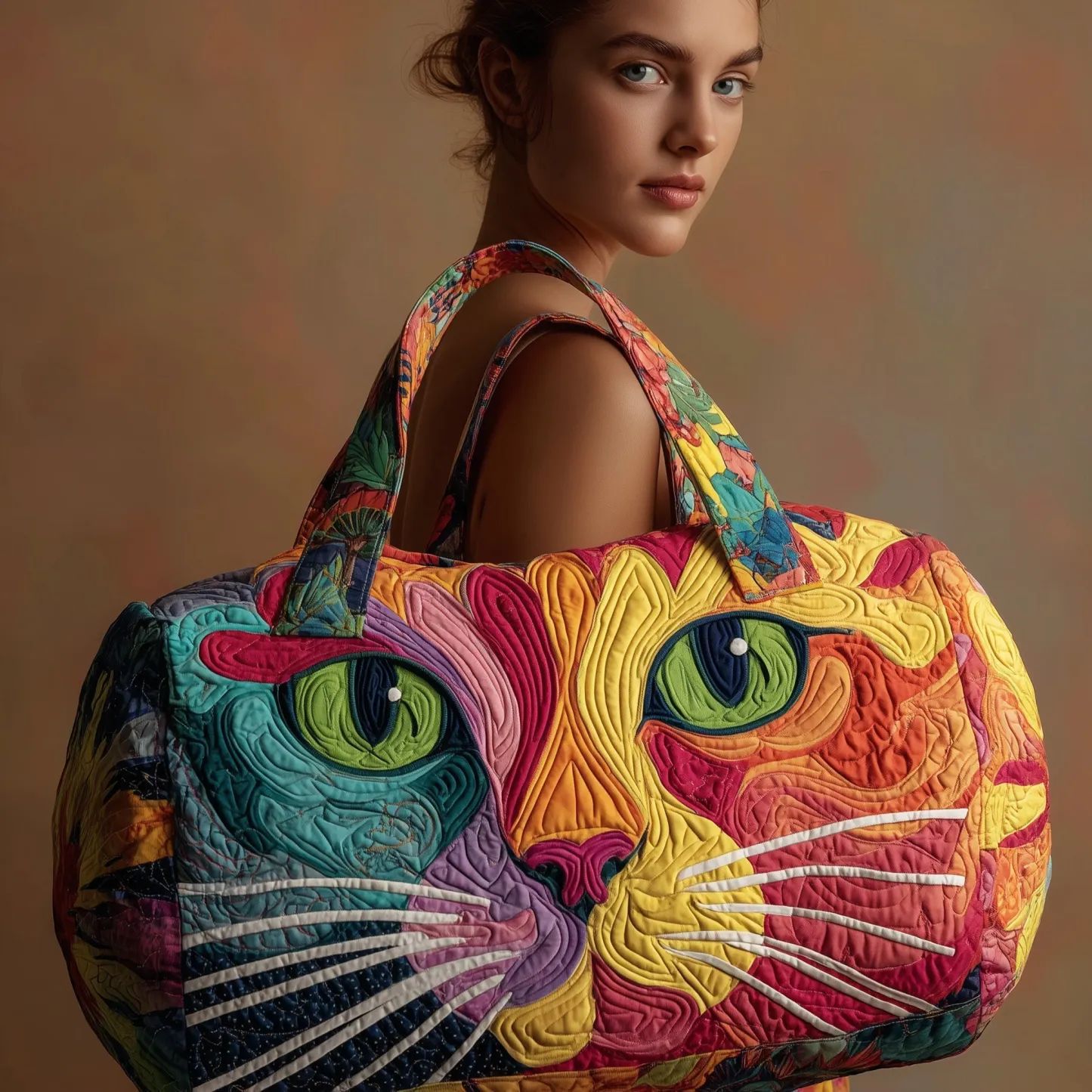 TEMU Large Cat-themed Quilted Travel Bag Suitable For , Non- Tote With Kitten Print, Spacious Handbag For Yoga, Gym, Beach, Outdoor, Vacation - Unisex Large Capacity Carry For Daily Use & Trips