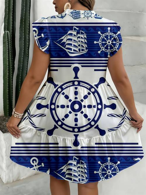 womens plus size full print nautical sailboat flutter sleeve v neck tiered a line dress ruffle cap sleeve v neck tiered babydoll dress suit for daily wear vacation party gathering