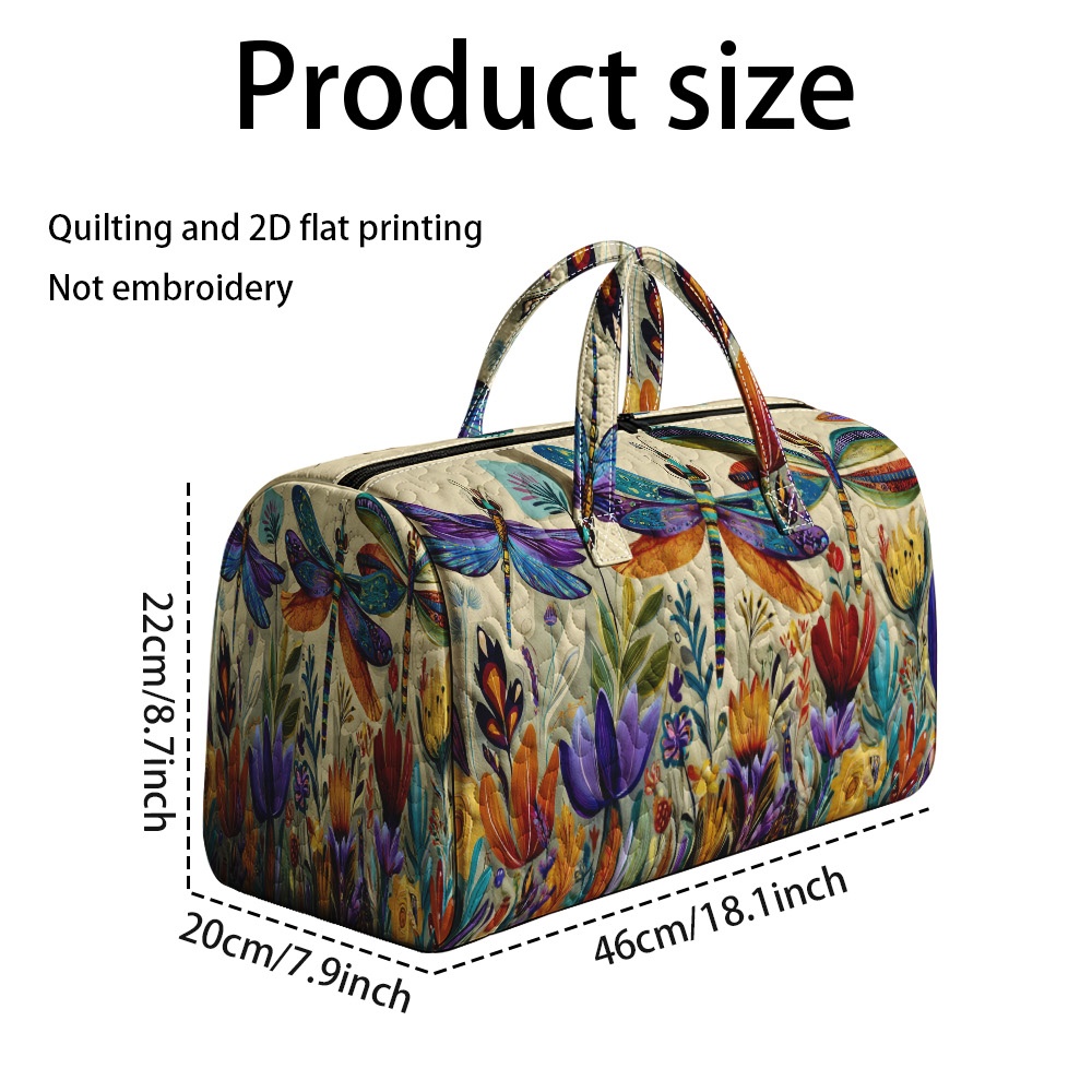 TEMU 2d Flat Printing 1pc Women's Spring Dragonflies And Flowers Print Polyester Tote Bag, Quilted Shoulder Purse For Daily Commutes And Shopping