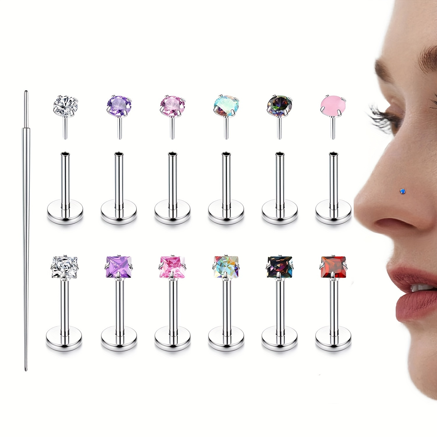 TEMU 12pcs Mixed Stainless Steel Ear Studs, Nose Studs And Ear Studs Set, , Synthetic Cubic Synthetic Zirconia, No Plating, , With Hole, Daily And