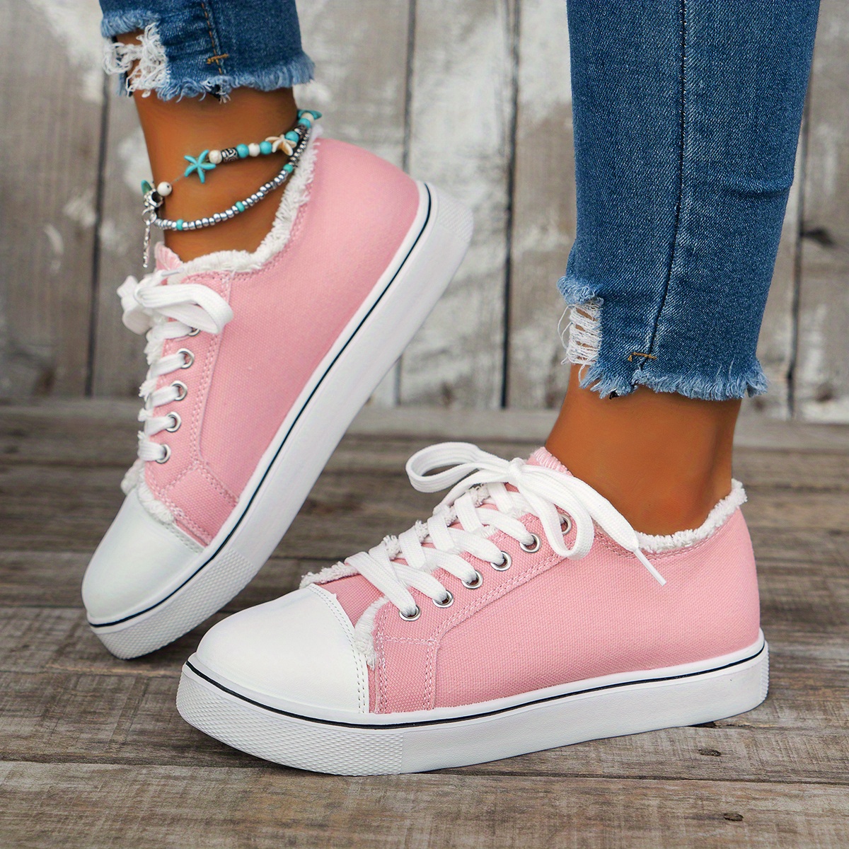 Women's Pink Low-Top Lace-Up Sneakers White Round-Toe Casual Shoes  with Round Lace Closure, Soft Cushioned Rubber Sole for Music Festivals,