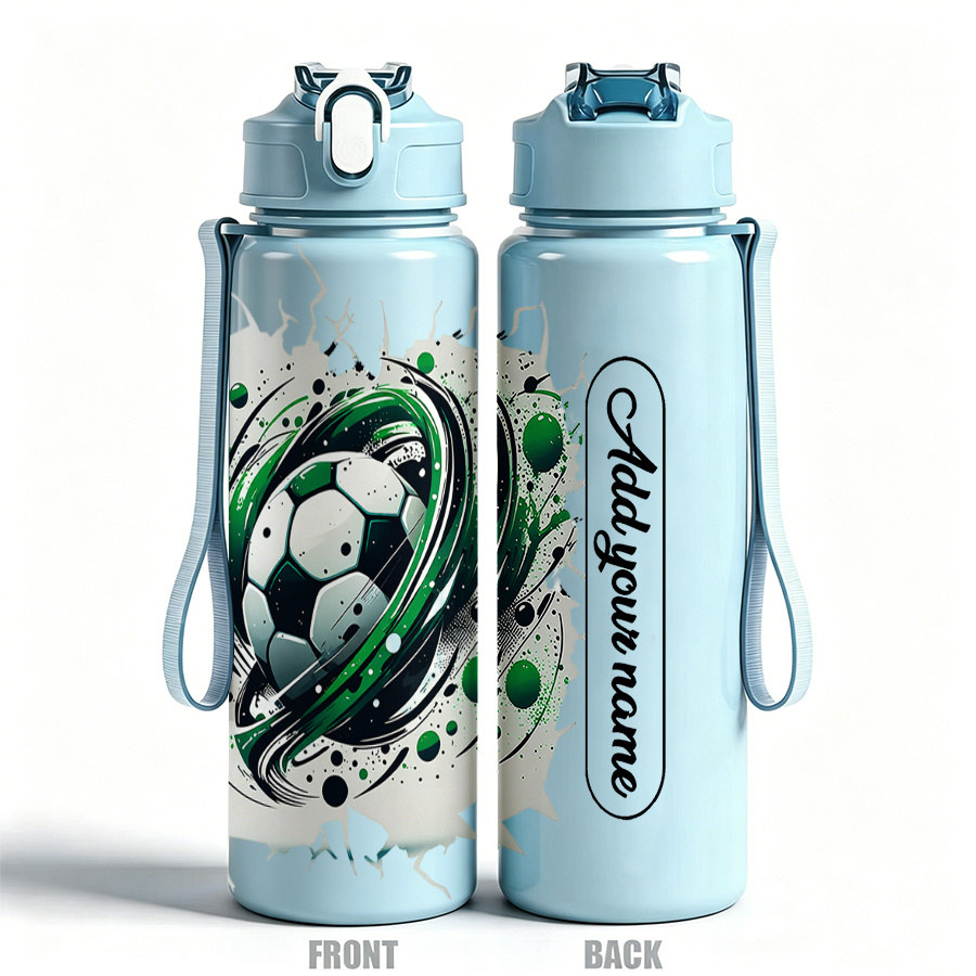 TEMU Custom Personalized Diyname Text Water Bottle 1pc 750ml 25oz Leakproof Sports Water Bottle Cup A Soccer Ball Wrapped In Green-black Rings, A
