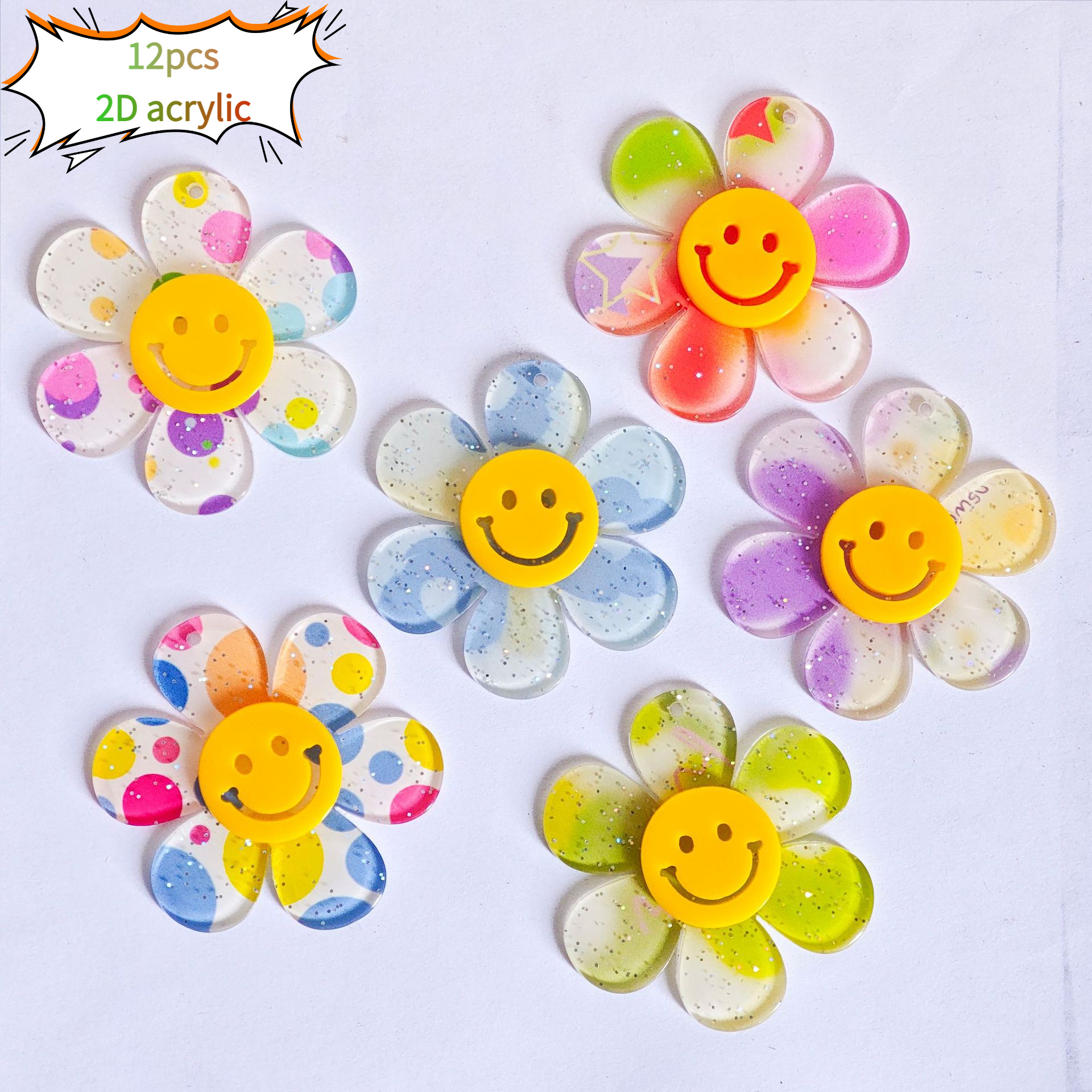 TEMU 12pcs Pack 12pcs Color-changing Gradient Face Flower Charms - Transparent Acrylic Suitable For Diy, Phone, Decorations,, Phone Chains -