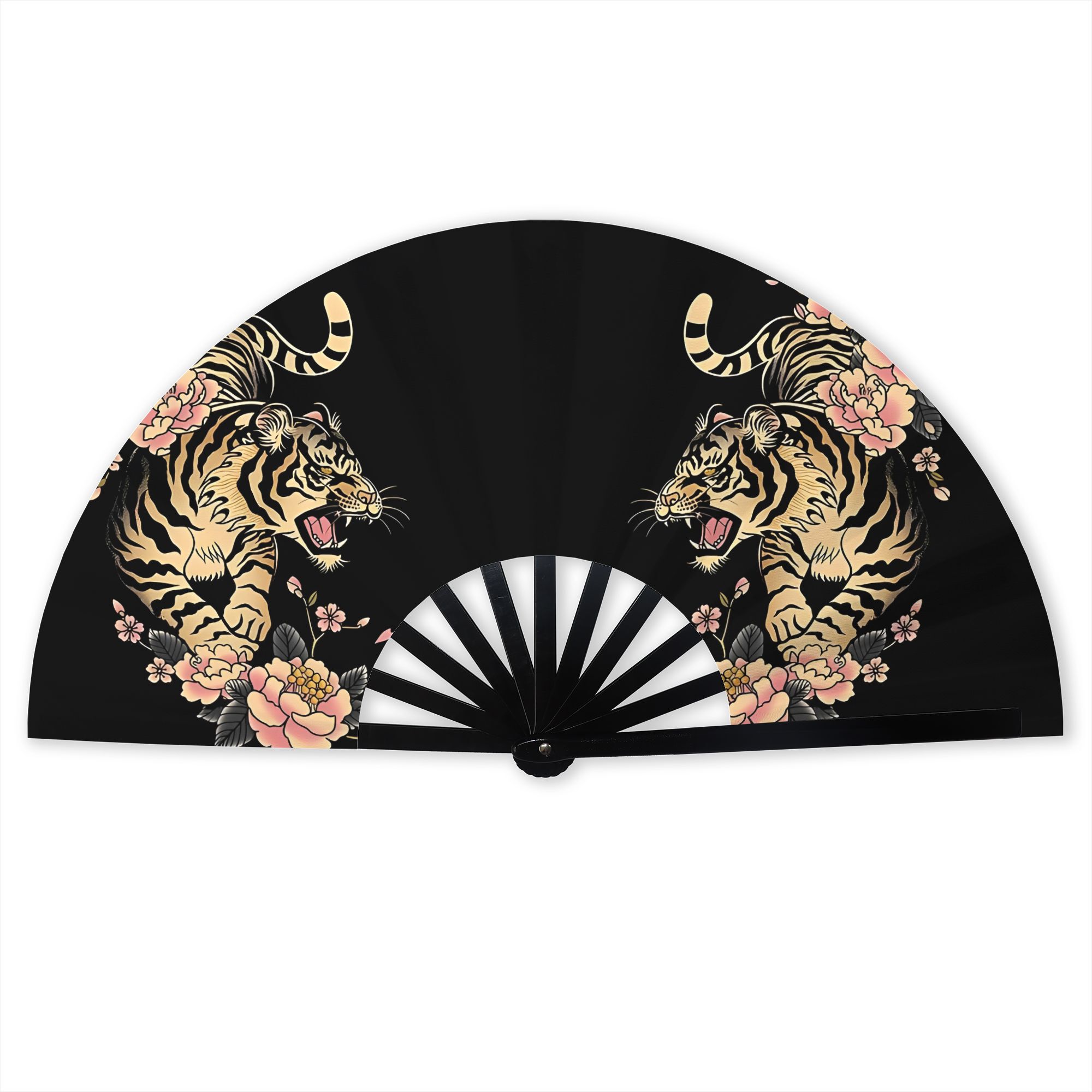 TEMU Unique Folding Handheld Fan, Japanese Tiger And Pink , Perfect For Outdoor Camping, Parties, And Street Fashion, 28cm X 54cm And 35cm X 65cm 2