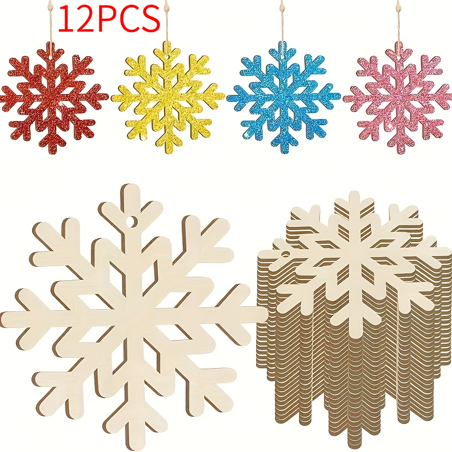 TEMU 2dflat 12pcs Wooden Snowflake Ornaments For Christmas, Thanksgiving, Halloween - Paintable Blank Snowflake Shaped Hangings With Hanging Rope