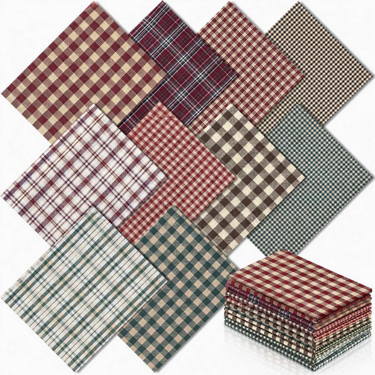 TEMU 10pcs 20x25cm Vintage Fat Quarter Gingham Christmas Quilting Fabric Bundles Buffalo Check Lattice Rustic Precut Squares Strips For Craft Sewing