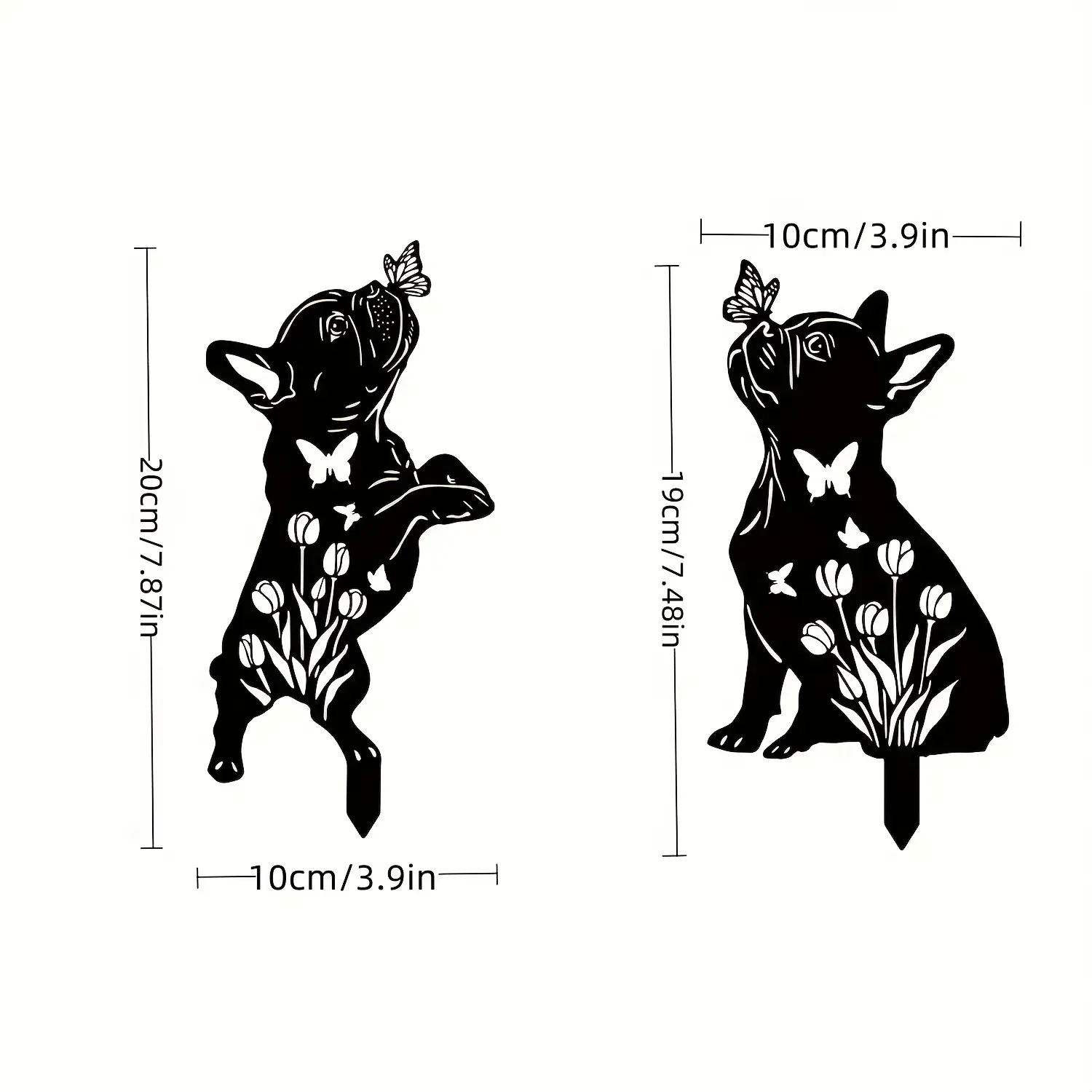 E-shop 2D-Flach, 2 Stück Französische Bulldogge Gartenstecker aus Acryl – Schwarze Kunststoff-Außendekoration mit Blumenakzenten, für Terrasse, Rasen