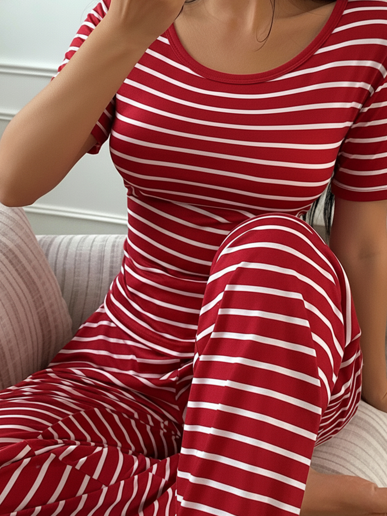 Women'S Red And White Striped Short-Sleeve Round-Neck Top And Long Pants Casual Pajama Set