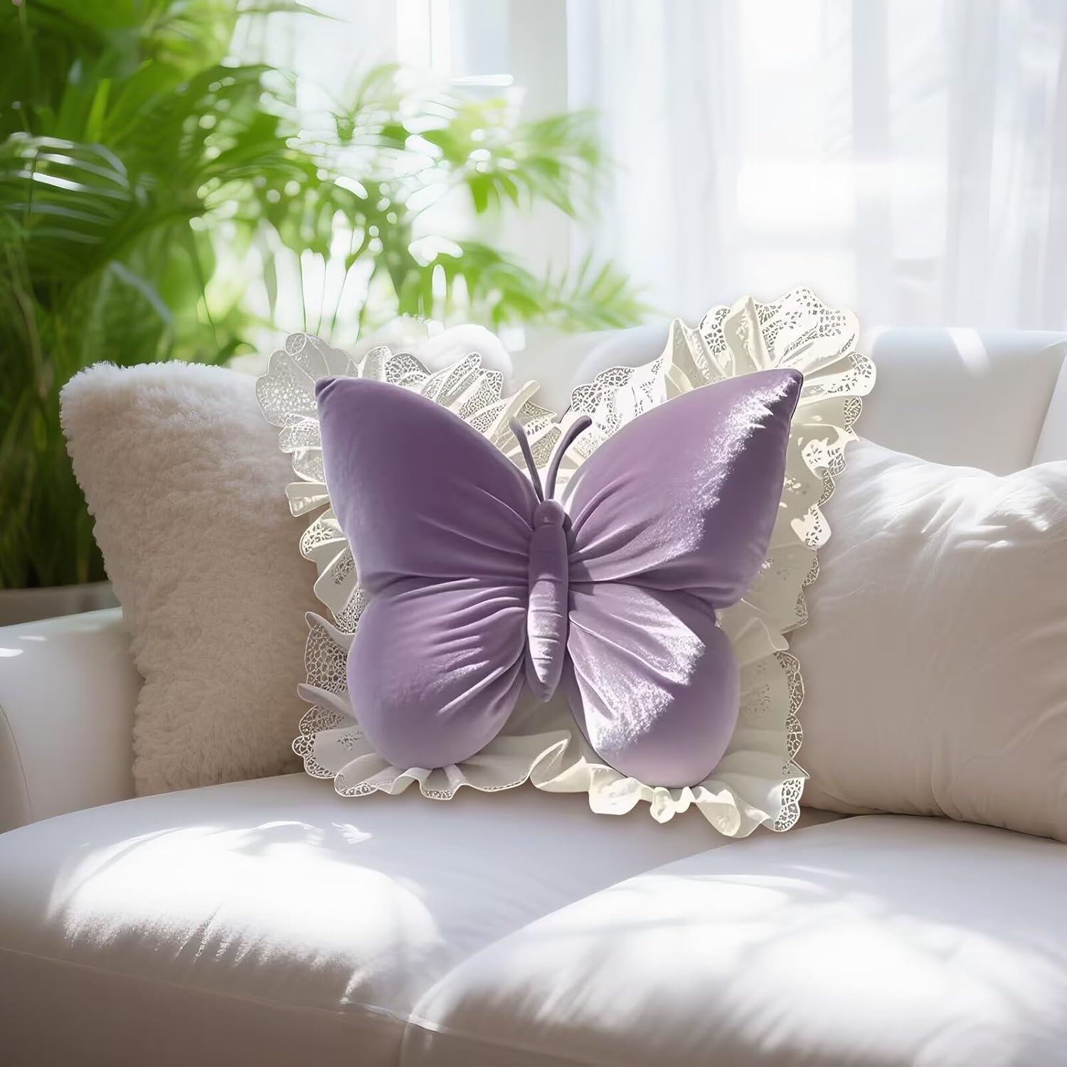 Butterfly-shaped Home Decor Throw Pillow with White Lace Trim, Made of Luxurious Velvet Fabric and Polyester Fiber Filling. Suitable for Beds, Sofas, Carriages, and Office Spaces. Perfect for Living Rooms, Bedrooms, Weddings, Birthdays, and Other